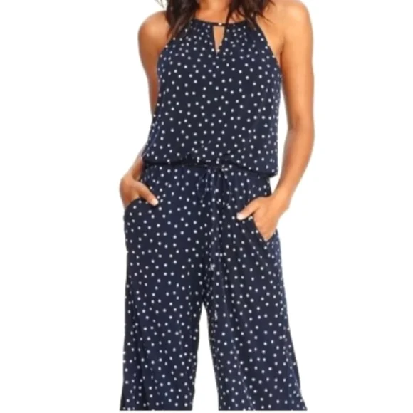 London Times Pants Jumpsuits London Times Navy Polka Dot Cropped Jumpsuit 6 Poshmark